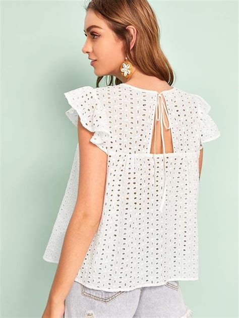 Shein Tie Back Ruffle Armhole Schiffy Blouse Ladies Blouse Designs Women Shirts Blouse