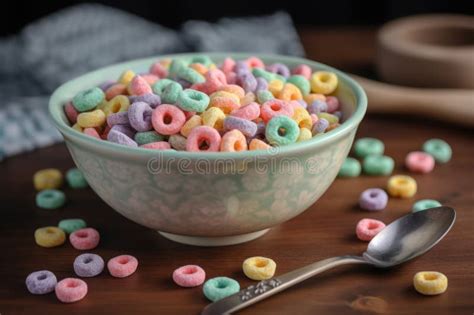Pastel Colored Froot Loops With Small Spoon Delicious Fruit Cereal