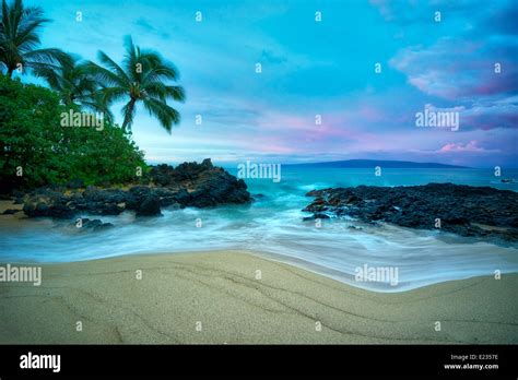 Secluded Beach With Palm Trees And Sunrise Maui Hawaii Stock Photo