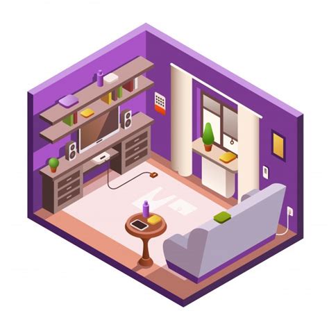 Isometric Living Room Interior Section Cozy Modern 3d House Room In