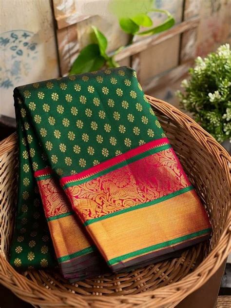 Latest Traditional Green Kanchipuram Silk Beautiful Kanjivaram Etsy Brocade Saree Soft Silk