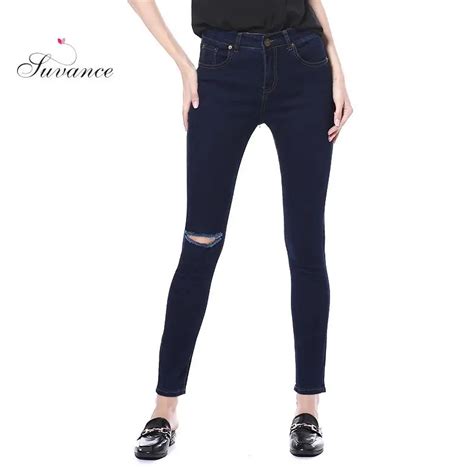 Suvance Fashion Stretchable Slim Holes Wash Denim Cotton 100 Women Jeans Spring New Russian