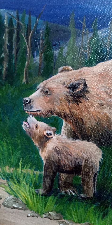 Momma Grizzly Bear With Cubs Original Art Painting Etsy