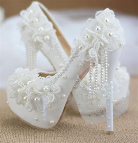 Womens White Lace Flowers Pearls Platform Wedding Bridal Pumps High