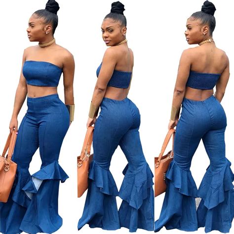 Aliexpress Com Buy Denim Two Piece Set Summer Strapless Crop Top And Bell Bottom Jeans Flare
