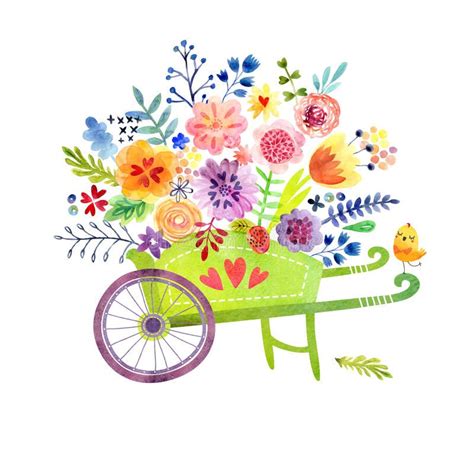 Wheelbarrow With Flowers Cute Watercolor Card Stock Illustration