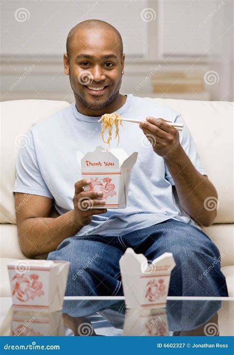 Hungry Man Eating Chinese Take Out Food Stock Image Image Of Dining