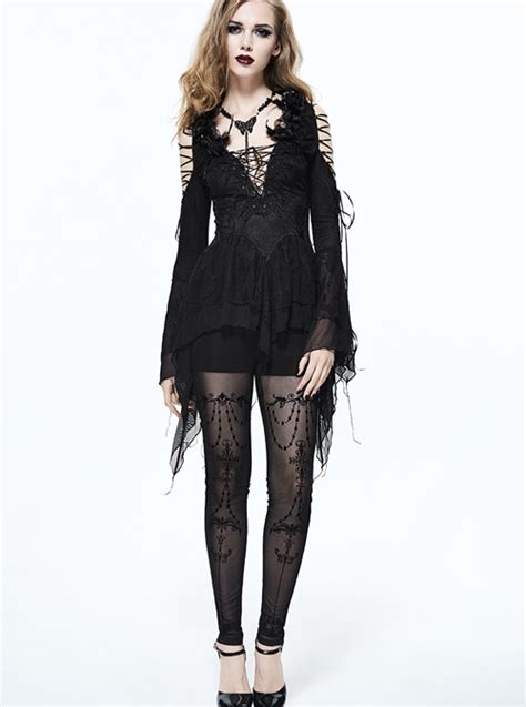 Gothic Black Slim Deep V Collar Extended Style Lace Up Long Sleeve Shirt Magic Wardrobes