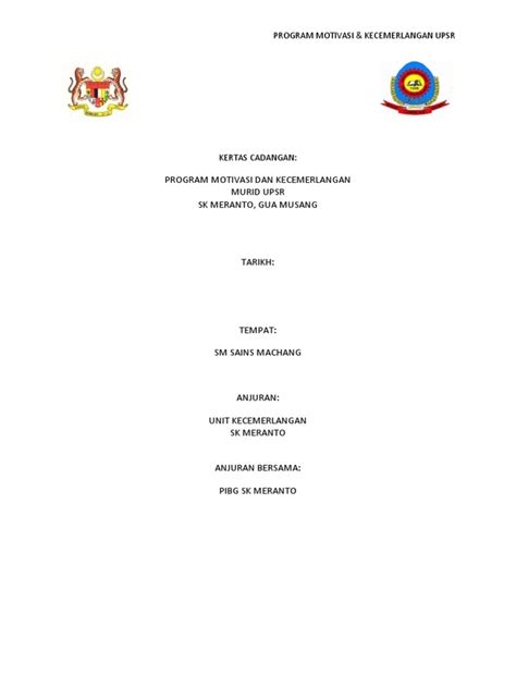 Kertas kerja kem pemantapan sahsiah murid. Kertas Cadangan Kem Motivasi Upsr 2012