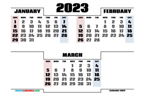 Printable January February March 2023 Calendar Free Printable