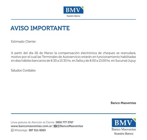Mailing Nota Aviso Importante Banco Masventas S A