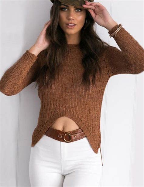 Womens Autumn Hollow Out Side Split Long Sleeve Cropped Top Sweater
