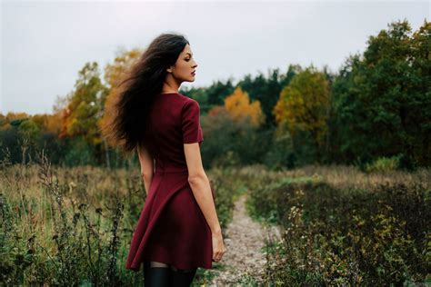 Wallpaper Model Egor Zhinkov Long Hair Red Dress Women Outdoors