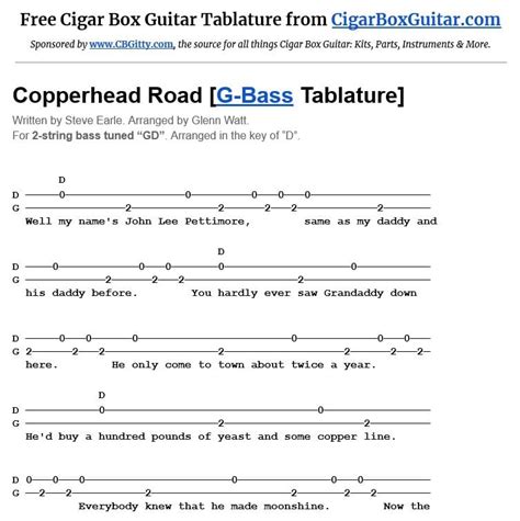 Copperhead Road By Steve Earle 2 String G Bass Tablature