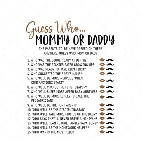 Printable Baby Game Mommy Or Daddy Mom Or Dad Game Guess Etsy In 2020