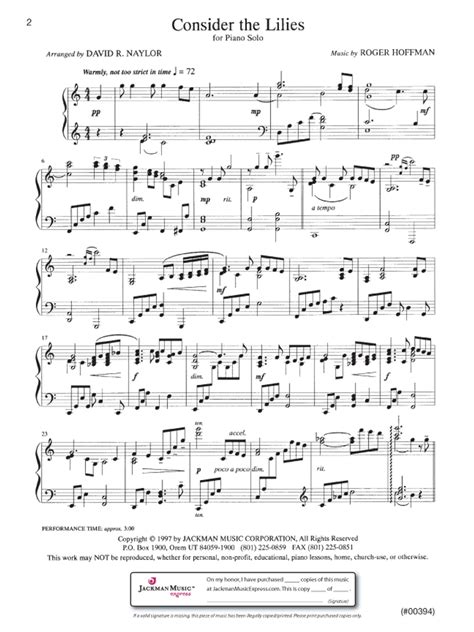 Consider The Lilies Piano Solo Sheet Music Linton Milano Music
