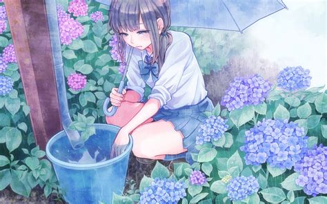 Download 1680x1050 Anime Girl Crying Raining School Uniform Garden
