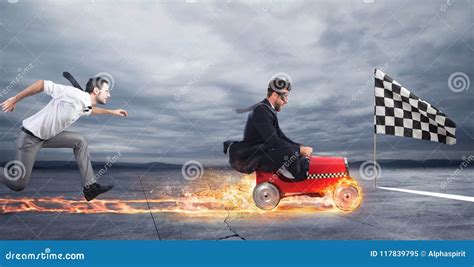 Fast Businessman with a Car Wins Against the Competitors. Concept of
