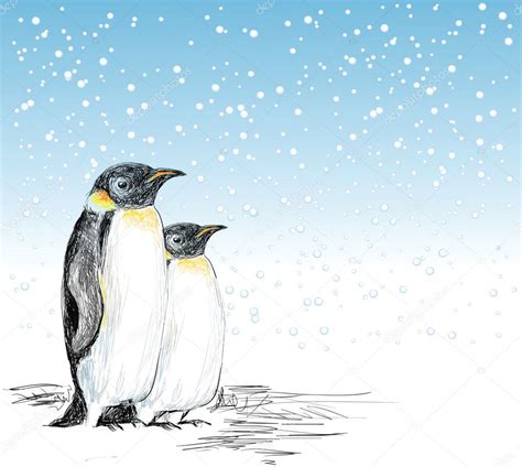 Winter Scene With Penguins Hand Drawn — Stock Vector © Bigfatnapoleon