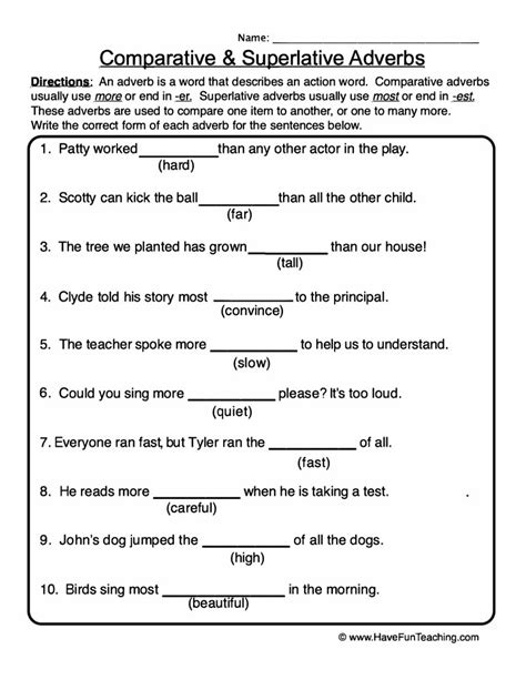 Rules of use of single syllable (short) adjectives. Comparative & Superlative Adverbs Worksheet • Have Fun ...