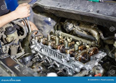 Hands With Wrench Servicing Car Engine Stock Image Image Of Mechanic
