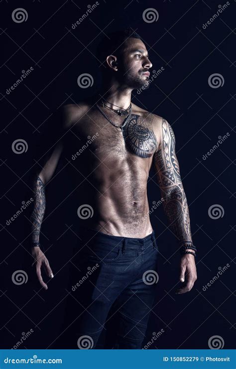 Bodycare With Fitness And Sport Tattooed Man Show Muscular Torso Sportsman With Six Pack And