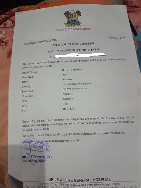 Sample Of Nysc Mandated Medical Certificate See Pictures