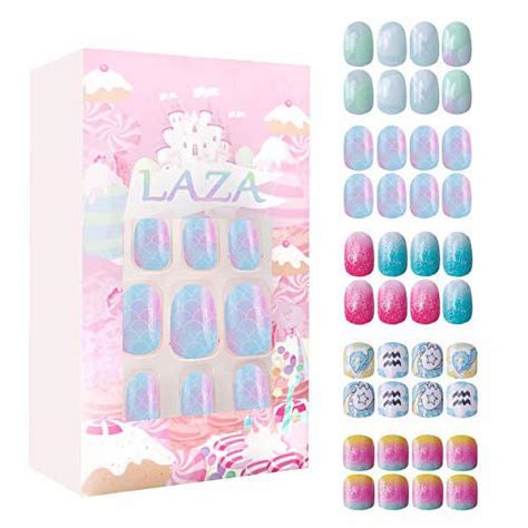 Laza 120pcs Children Nails Press On Pre Glue Full Cover Glitter