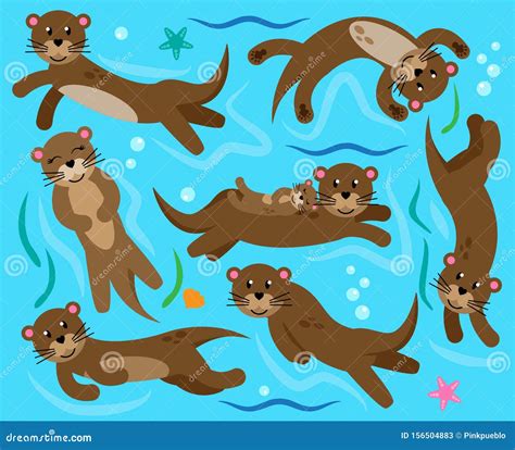 Cute Vector Collection Of Otters In Water Stock Vector Illustration