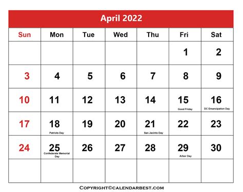 Free Printable April Calendar 2022 With Holidays In Pdf