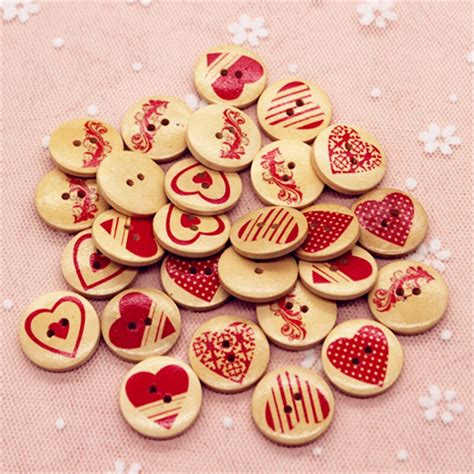20mm 50pcs Mix Patterns Heart Painted Wood Round Button Sewing
