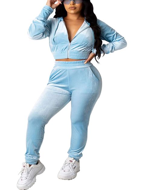 Buy Women Casual 2 Piece Velour Sweatsuits Zipper Crop Hoodies Sports Trousers Velvet Tracksuit