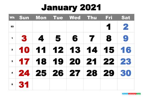 Free Printable January 2021 Calendar Word Pdf Image