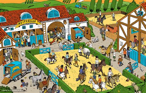 Hidden object game auf 1aspiele.com sind vollkommen faszinierend. ILLUSTRATION Marian Schönfeld: Geo Mini Wimmelbild "Reiterhof"