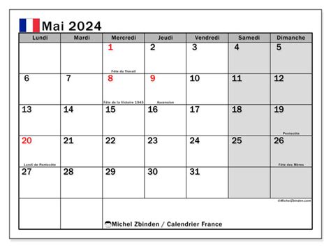Calendriers Mai 2024 Michel Zbinden Fr