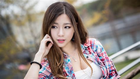 Women Photography Model Long Hair Asian Brunette Looking Away Plaid Shirt Women Outdoors Red