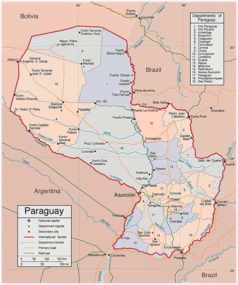 Grande Mapa Político Y Administrativo De Paraguay Con Carreteras Y