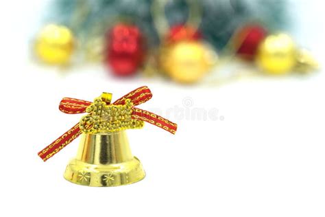 Christmas Gold Bells With Bokeh Decorations Background Stock Photo