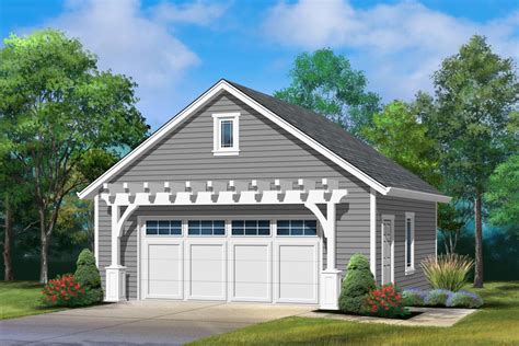 This 2 Car Detached Garage Plan Has A Single 16 Wide Garage Door Surrounded By A Pergolaa Man