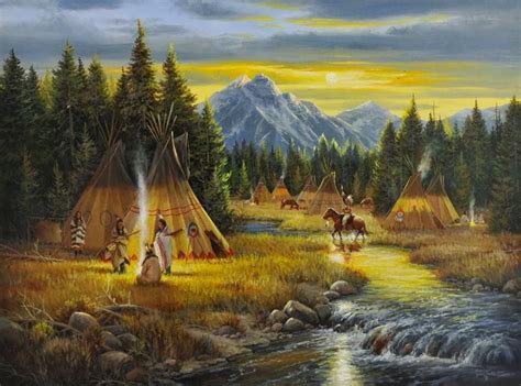 An Oil Painting Of Native Americans And Their Teepees By A Stream With