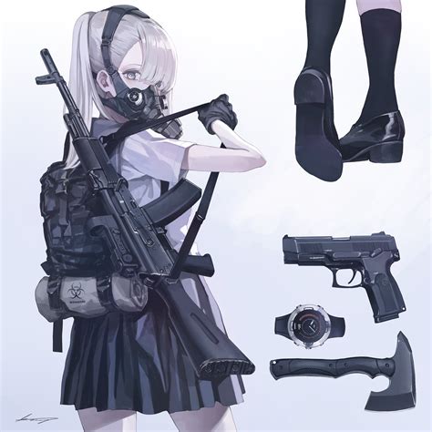 Safebooru 1girl Absurdres Ak 74 Assault Rifle Axe Backpack Bag Bangs Black Footwear Black