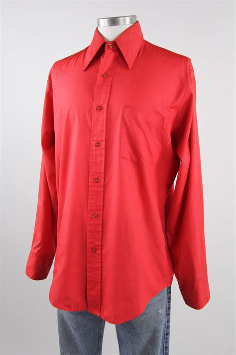 Red 70s Shirt Mens Vintage Button Down Dress Shirt Size Medium Large