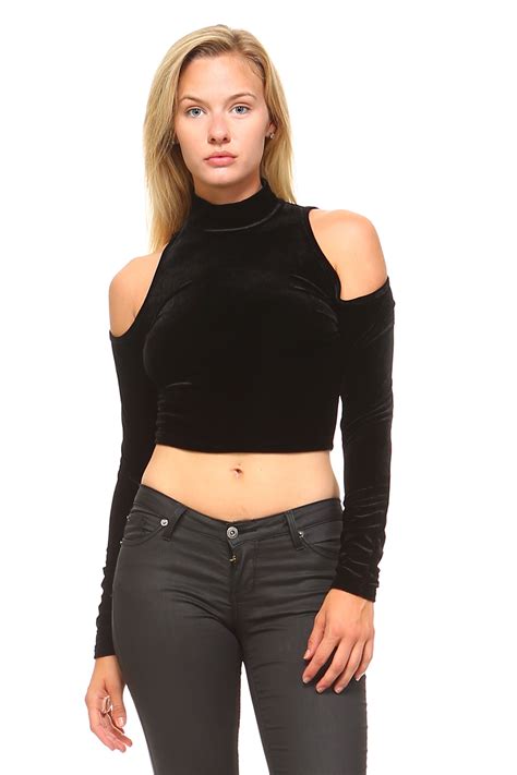 Exclusive Womens Long Sleeve High Neck Cut Out Crop Top Black Large