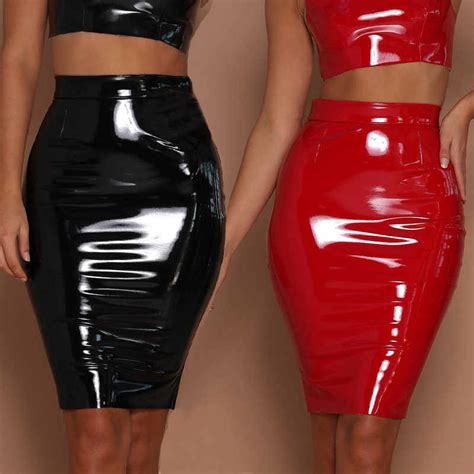 2019 Women Sexy Mini Elegant Bodycon Latex Skirt High Waist Pencil Pu Patent Leather Skirt Black