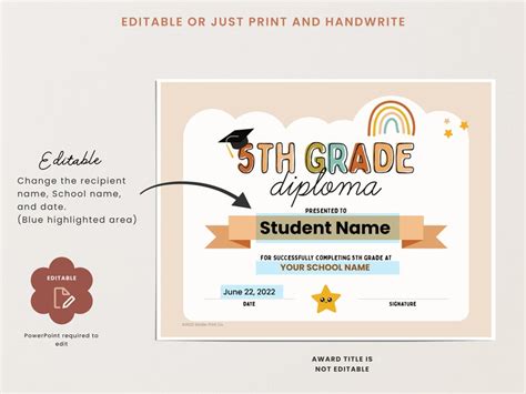 Editable 5th Grade Diploma Printable School Diploma Etsy