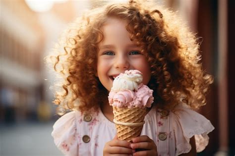 Premium Ai Image A Girl With Curly Hairs Holds Ice Cream In Her Hands Generative Ai