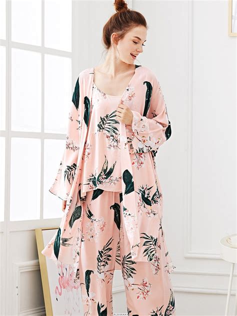 Flower Print Pajama Set With Robe Romwe Print Pajamas Pajama Set Fashion