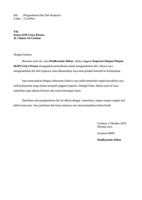 Contoh Surat Pernyataan Pengunduran Diri Dari Koperasi Kumpulan