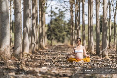 Calm Adult Pregnant Woman Meditating While Sitting In Pose Lotus On Ground In Park — Calmness
