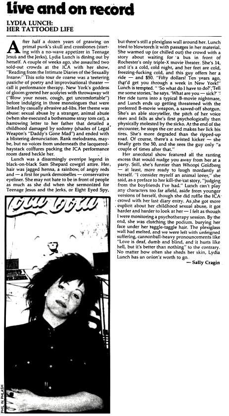 From The Archives Lydia Lunch Spoken Word Concert Chronology Gigography